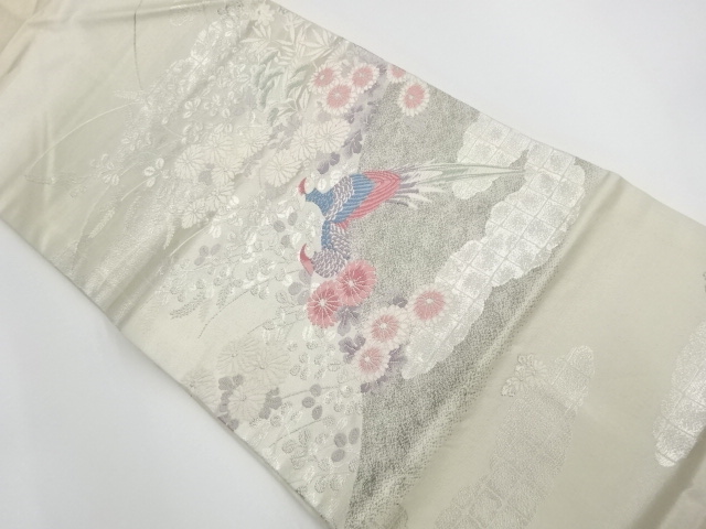 リサイクル　錦プラチナ箔雉に秋草模様織出し名古屋帯